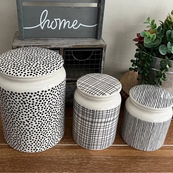 New Thyme & Table 3-Piece Boho Geo Stoneware Canister Set Dots & Gridlines